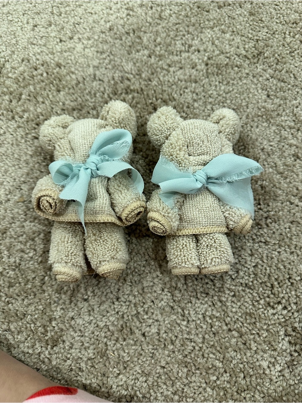 Plush Cream Bath Towel Bear Set with Light Blue Bow